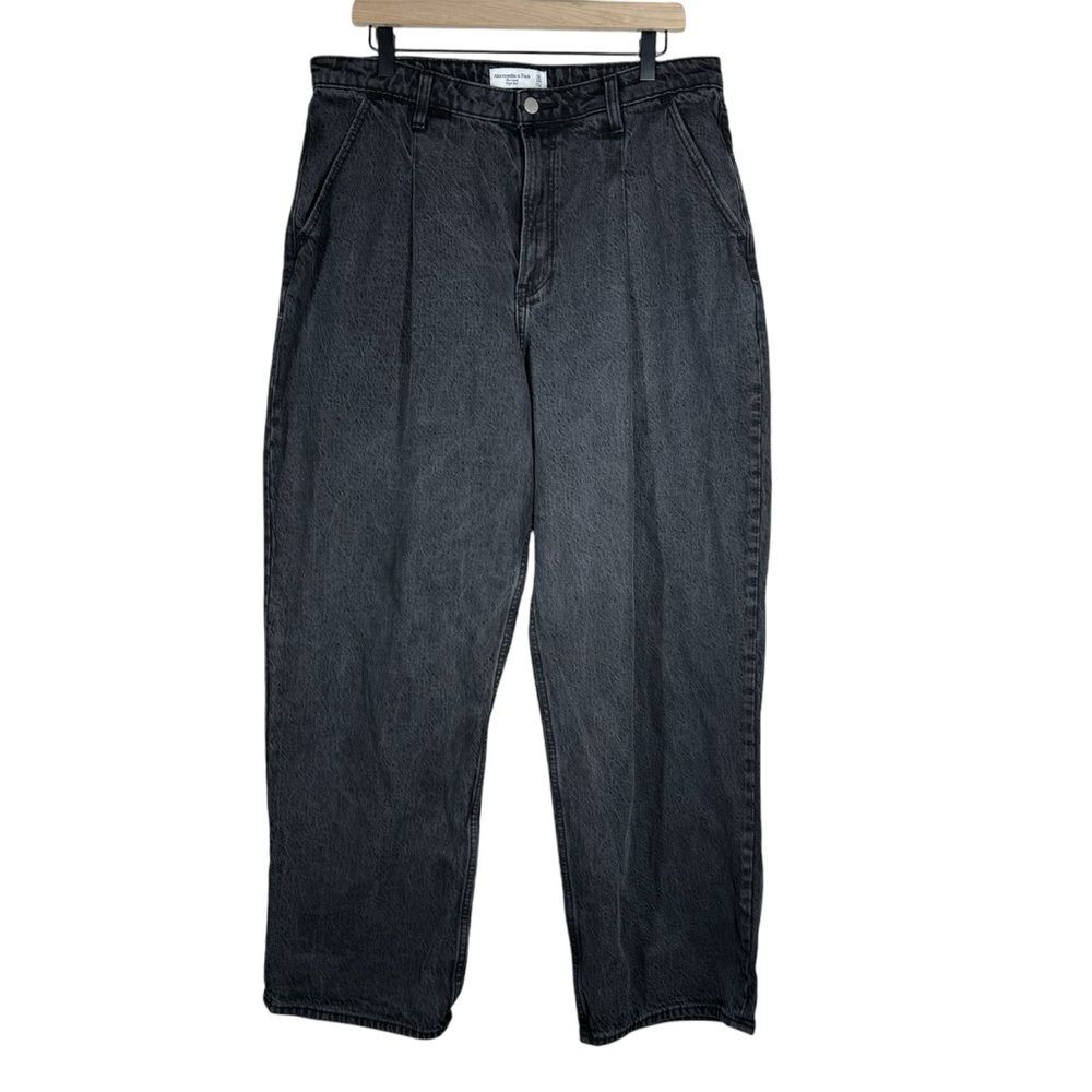 Abercrombie & Fitch The Loose High Rise Jeans Black Pleated Denim Cotton Size 14